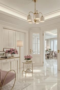 a room with white walls and marble floors