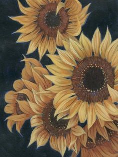 a painting of sunflowers on a black background