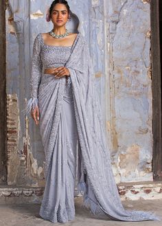 Grey Georgette Sequinned Saree With Full Sleeves Blouse With Feather Detail Nitika Gujral - Fabilicious Fashion Saree With Full Sleeves, Sequinned Saree, Full Sleeves Blouse, Full Sleeves Blouse Designs, Crystal Work, Pure Georgette Sarees, Silver Blouse, Grey Saree, Full Sleeve Blouse