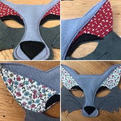 four pictures of different masks made to look like cats and dogs with flowers on them