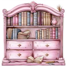 a pink bookcase filled with lots of books