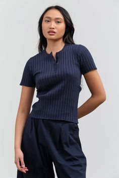 Styled view of Henley Knit Top Henley Women, Women's Henley, Clothing Labels, Womens Clothing Sizes, Arm Workout, The Skin, Fair Trade, Round Neckline, Knit Top