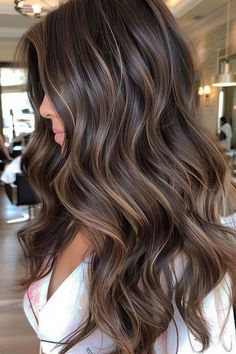 Light Streaks In Brown Hair, Dark Hair With Light Brown Balayage, Brunette Hair With Highlights Fall, Brown Hair With Some Highlights, Highlights Brown Hair Balayage Brunettes, Hazelnut Brown Hair With Highlights, Brown With Dimension Hair, Hair Ideas For Dark Brown Hair, Highlight On Dark Brown Hair