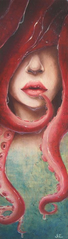 a painting of a woman's face with red tentacles