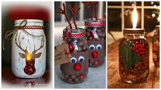 mason jars decorated with christmas decorations and reindeer noses are shown in three different pictures, one has a lit candle