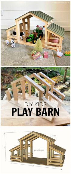 the plans for a diy kids's play barn are shown in three different views