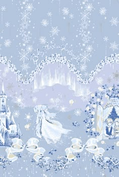 a blue and white wallpaper with snowflakes, princesses and other things