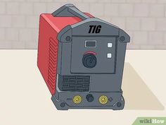 a red and black machine sitting on top of a white floor next to a brick wall