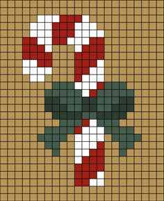 A pixel art template of a Candy Cane with a green bow tied on it. Gingerbread Man Pixel Art, Nutcracker Perler Beads, Gingerbread House Pixel Art, Candy Cane Pixel Art, Candy Cane Cross Stitch Pattern, Peler Bead Christmas, Crochet Pixel Pattern Christmas, Pearler Bead Christmas Patterns, Christmas Crochet Pixel Grid