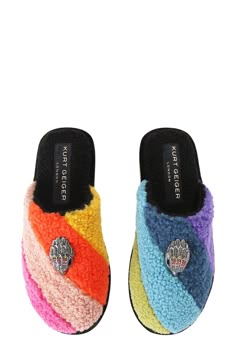 Signature rainbow hues strike in faux-shearling stripes on the upper of this ultracozy slipper finished with crystal-embellished hardware for even more sparkle-at-home pizzazz. Textile faux-shearling upper and lining/synthetic sole Imported Kurt Geiger Bag, London Kensington, Slippers Online, Shearling Slippers, Kensington London, Silver Eagle, Barker And Stonehouse, Eagle Head, Dune London