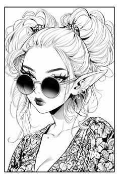 a black and white drawing of a woman wearing sunglasses