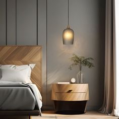 a bedroom with a bed, night stand and plant on the side table next to it