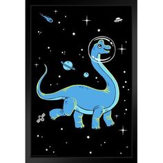 an image of a dinosaur in space with stars and planets on the black background framed print