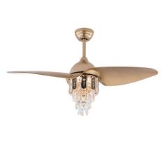 a gold ceiling fan with crystal chandelier hanging from it's blades, on a white background