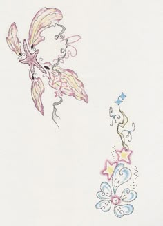 a drawing of a flower and a butterfly on a white paper with blue, pink, yellow and purple designs