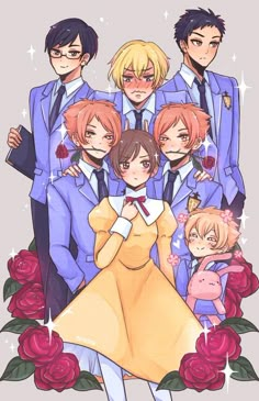 some anime characters are posing together for a photo in front of red roses and stars