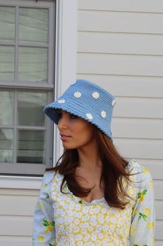 Nothing says summer better than a bucket hat! They are the hat of the season! Our Hand Crocheted Bucket Hat with Daisies are extra special with their pretty hand appliquéd daisies. Tata's hats are handmade in the U.S.A. out of 100% cotton. You'll find plenty of bucket hats out there this season, but we think ours are extra special. Ours are designed to have a little bit higher sides, a little bit longer brim and pretty detail including picot edging to make them the most flattering bucket hats yo Crocheted Bucket Hat, Crochet Bucket Hat, Pretty Hands, Bucket Hats, Circle Skirt, Light Denim, Hand Crochet, Yellow Black, Medium Blue