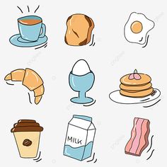 breakfast foods and drinks are shown in this drawing style, including eggs, bacon, pancakes, coffee, milk, croissants