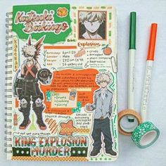 an open notebook with stickers on it next to a pen and marker, along with some other items