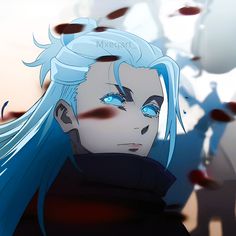 an anime character with blue hair and eyes staring at something in the air behind him