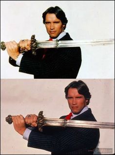 two pictures of the same person holding swords in their hands, one is wearing a suit and the other has a red tie