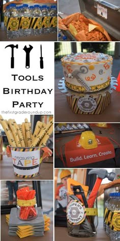 this is a collage of tools and birthday party items