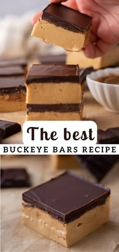 the best buckeye bars recipe is made with chocolate and peanut butter, then topped with marshmallows