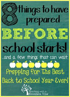 a green chalkboard with the text 8 things to have prepared before school starts and a few things that can wait prepping for the best back to school year ever