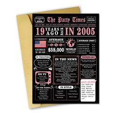 a black and pink birthday card with information about the years in 2003, 2009, and 2010