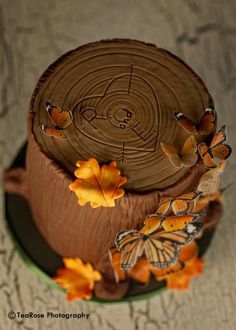 a chocolate cake with butterflies on it