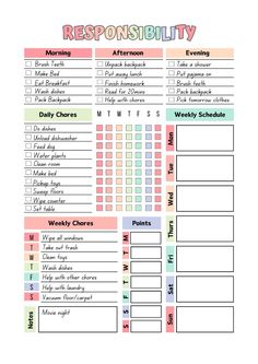 a printable daily planner with the words,'resonsibleity '