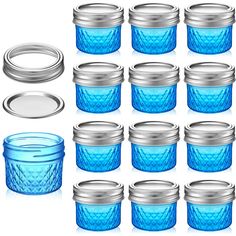 many blue glass jars with lids are shown