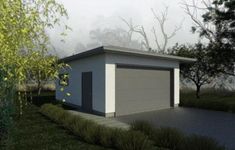 an image of a garage in the middle of some bushes and trees on a foggy day