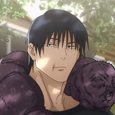 an anime character with black hair holding a gorilla