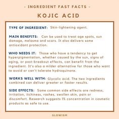 All you need to know about kojic acid! Remember to always read your skincare products' ingredient lists! Kojic Acid, Age Spots, Glycolic Acid, Side Effects, Aging Signs, Skincare Products