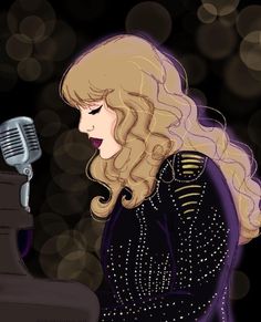 a drawing of a woman with long hair holding a microphone in front of a piano