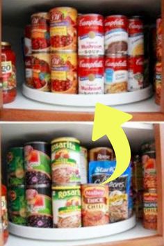 two shelves with canned food in them and an arrow pointing to the bottom right side