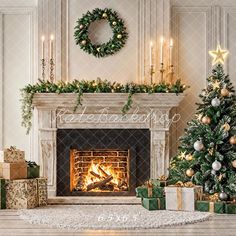 a decorated christmas tree and fireplace with presents