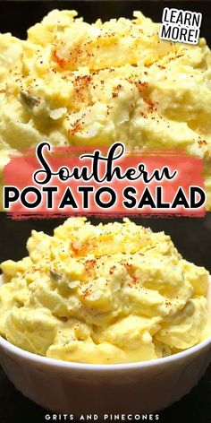 southern potato salad in a white bowl with text overlay