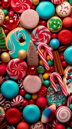 many different candies and cookies are arranged together