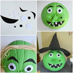 four different pictures of pumpkins with faces and noses on them, including one in a witch's hat