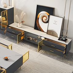 an aerial view of a living room with couches, coffee table and art on the wall