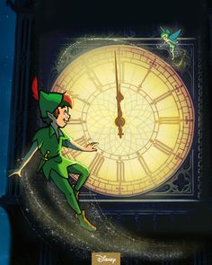 peter pan flying in front of a clock with the time on it's face