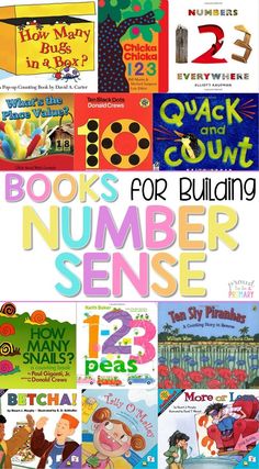 children's books for building number sense with the title overlaiding them in white