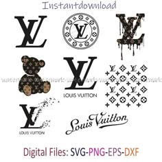 the louis vuitton logo is shown in different font styles and colors, including letters with