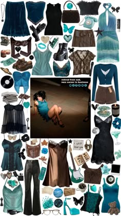 a collage of different types of clothing and accessories in blue, brown and black