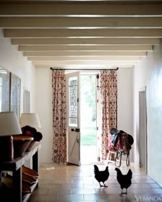 two chickens are standing in front of the open door to a room with floral curtains