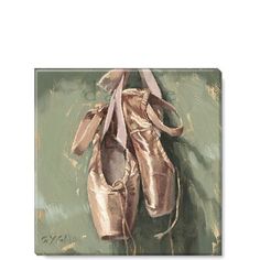 a painting of a pair of ballet shoes hanging on a wall in front of a green background