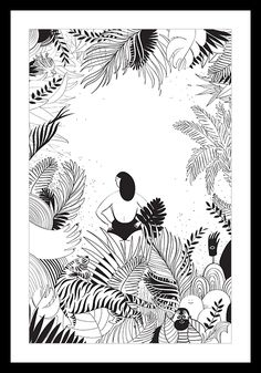 a black and white drawing of a person surrounded by tropical plants, with space in the middle