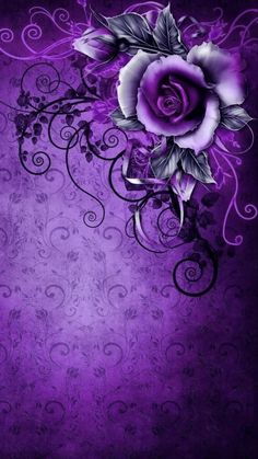 a purple background with flowers and swirls